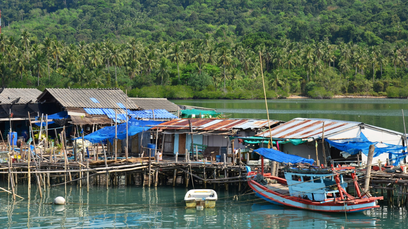 View landscape seascape and fishing boat ship floating