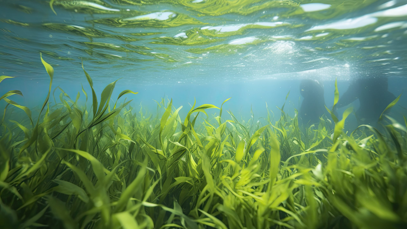 Underwater view of a group of seabed with green seagrass.